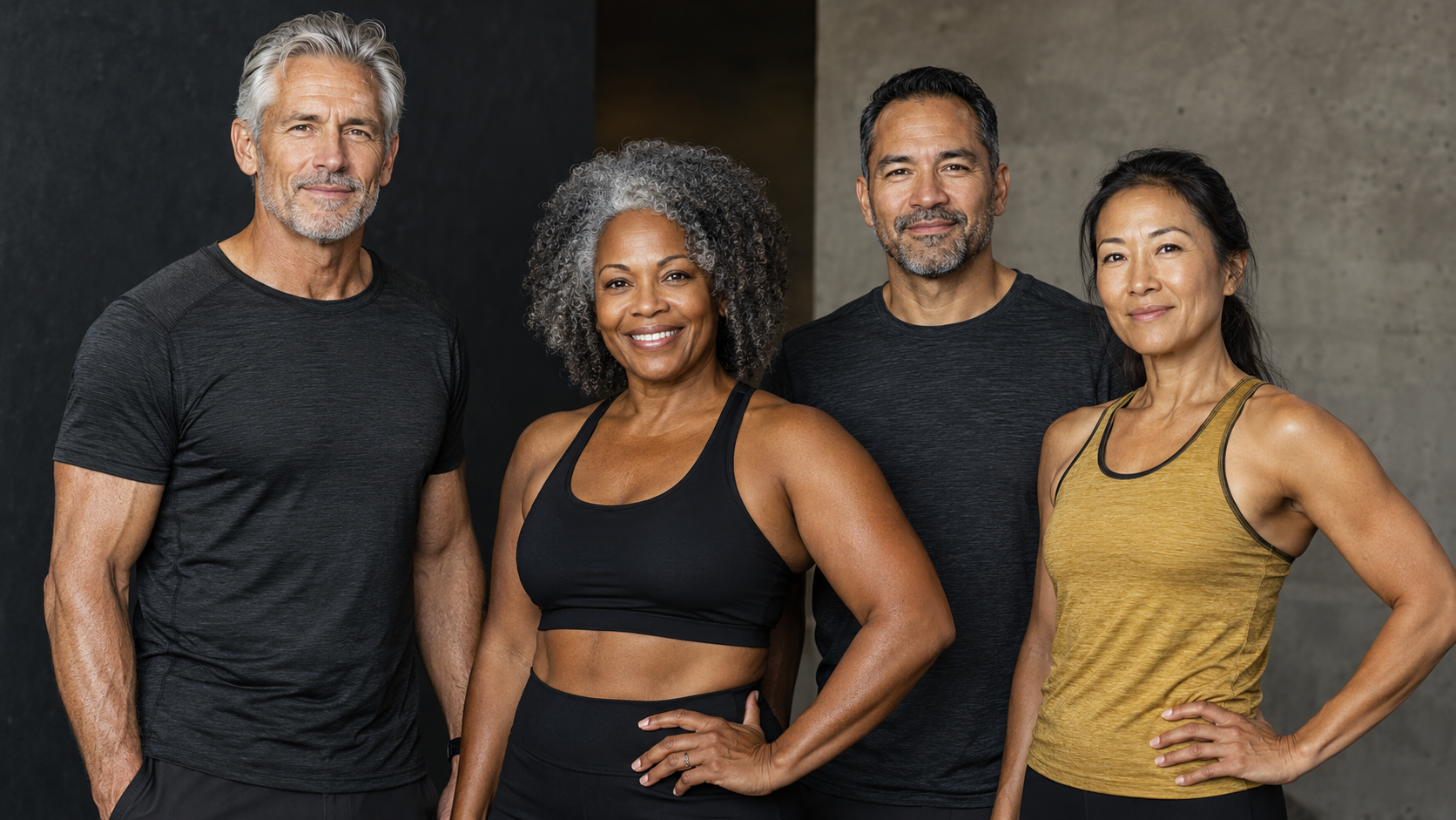 A diverse group of physically fit adults over 40 in coordinated black and gold athletic clothing